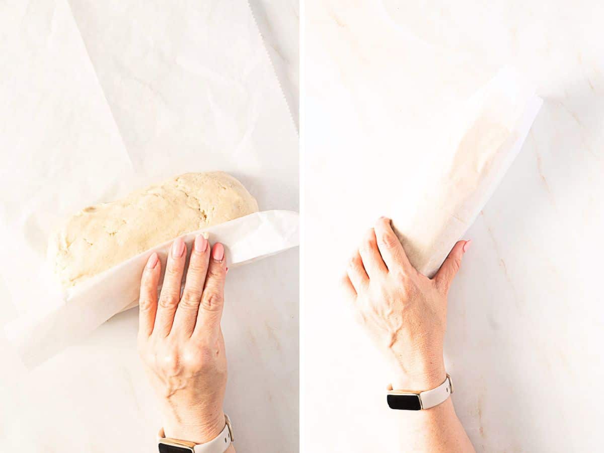 Two images show hands rolling dough in parchment paper on a light surface, demonstrating the process step by step.