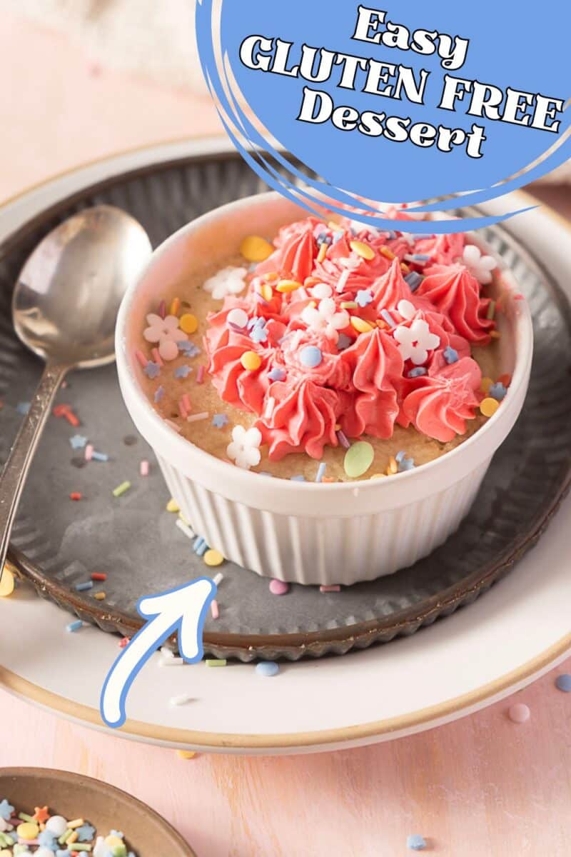 A small white ramekin with a dessert topped with pink frosting and colorful sprinkles sits on a plate with a spoon; text reads "Easy Gluten Free Dessert.
