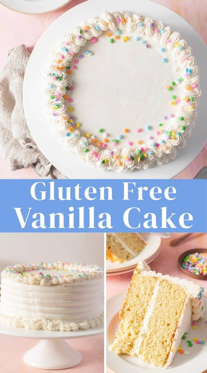 A gluten free vanilla cake with white frosting and colorful star sprinkles, shown whole and sliced on a cake stand and a plate—perfect for any celebration.