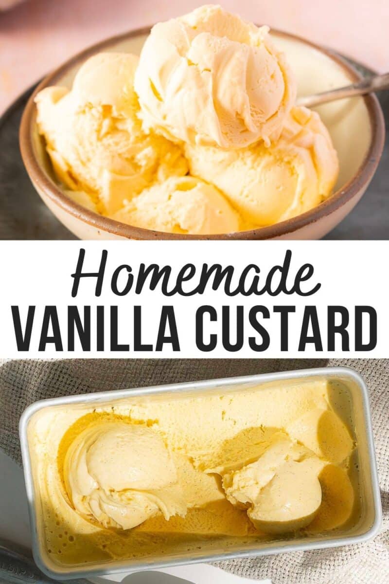 Two scoops of homemade frozen custard in a bowl with a spoon, and a rectangular container with scoops taken out. The text reads "Homemade Vanilla Custard.