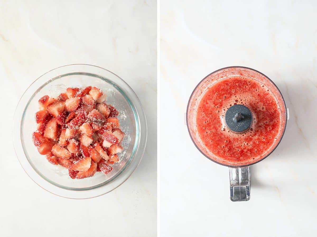 Side-by-side images: sliced strawberries with sugar in a bowl on the left, and blended strawberry puree in a food processor on the right.