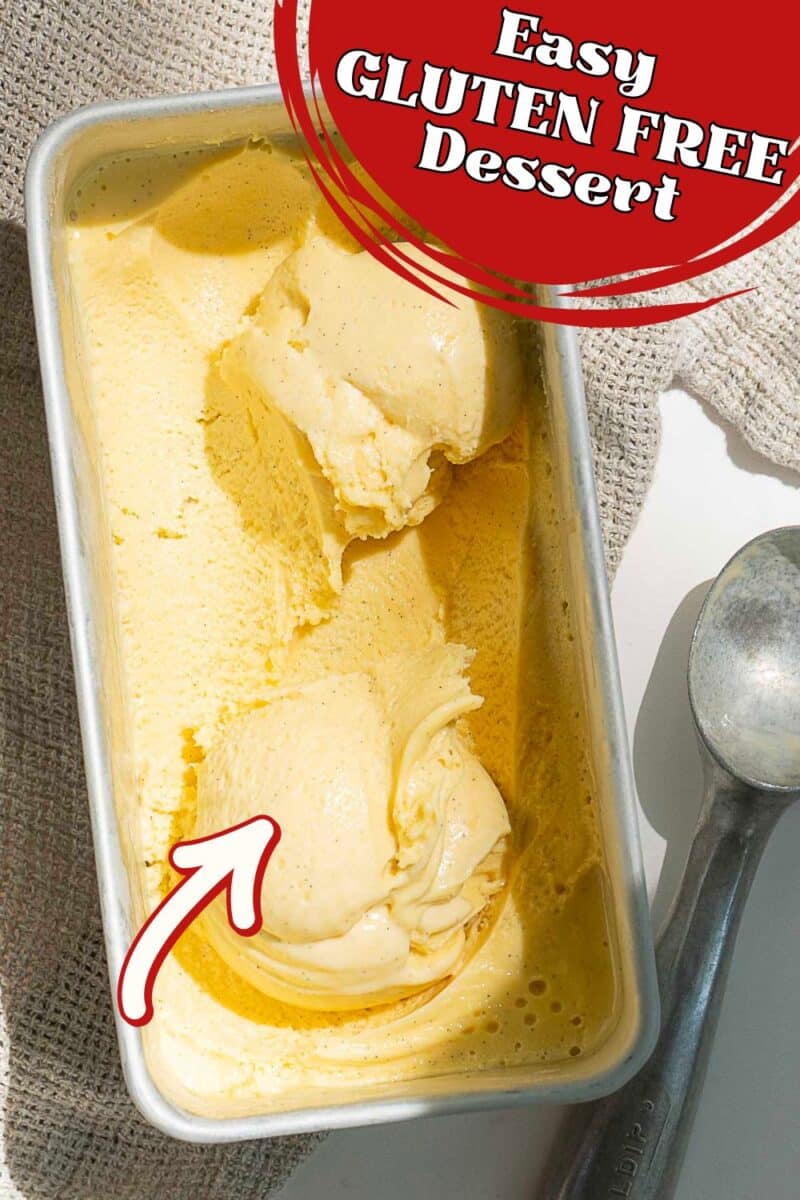 A rectangular metal container with scoops of yellow homemade frozen custard, a metal scoop beside it, and text overlay reading "Easy GLUTEN FREE Dessert.