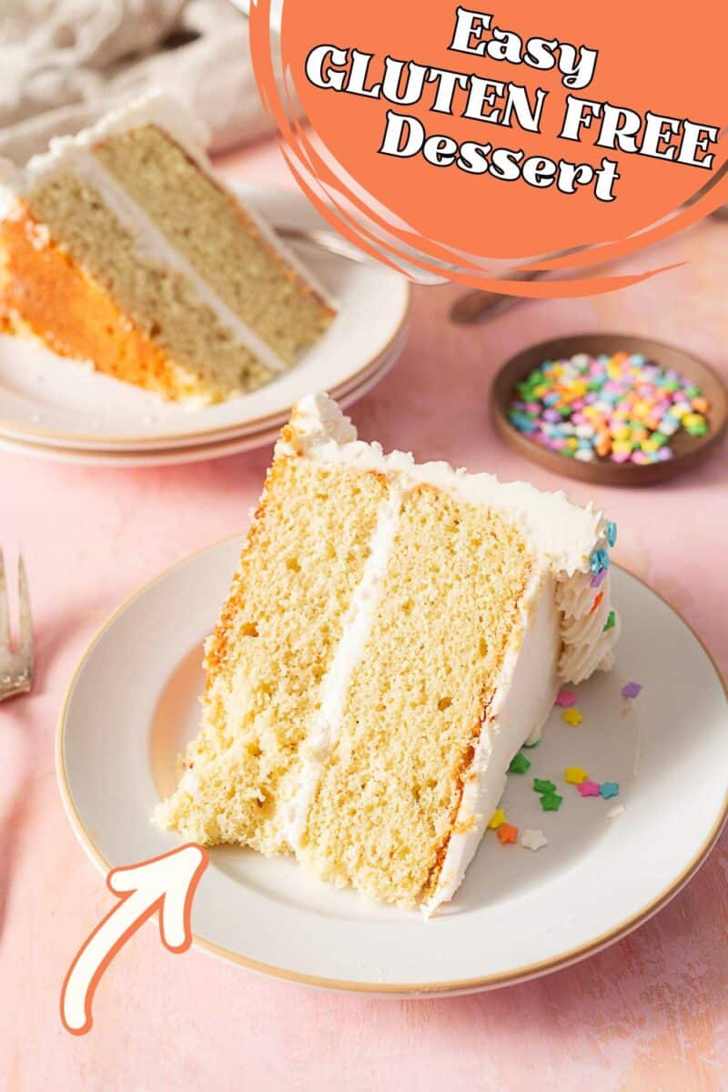 A slice of gluten free vanilla cake with white frosting sits on a plate, another slice in the background, and a dish of colorful sprinkles nearby. Text reads “Easy GLUTEN FREE Dessert.”.