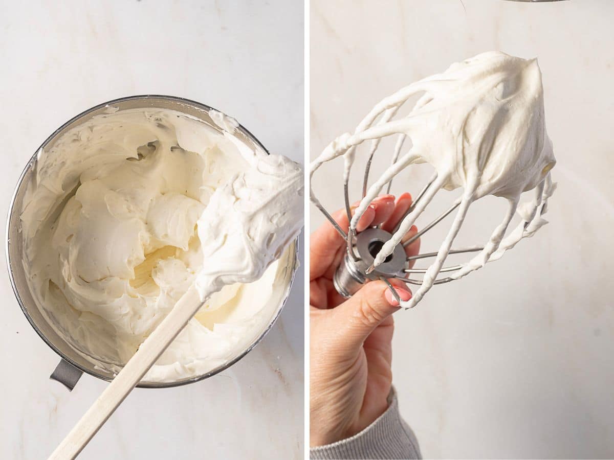 A mixing bowl and spatula filled with whipped cream are shown on the left; on the right, a hand holds a mixer whisk coated with whipped cream.