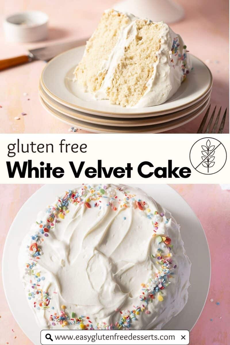 A slice and a whole white frosted cake with colorful sprinkles