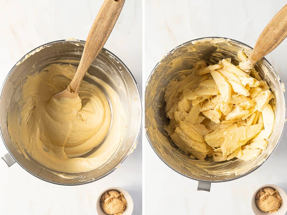 Side-by-side images show a mixing bowl with smooth batter on the left and thick, whipped mixture on the right. Both have wooden spatulas and small bowls of brown sugar nearby.