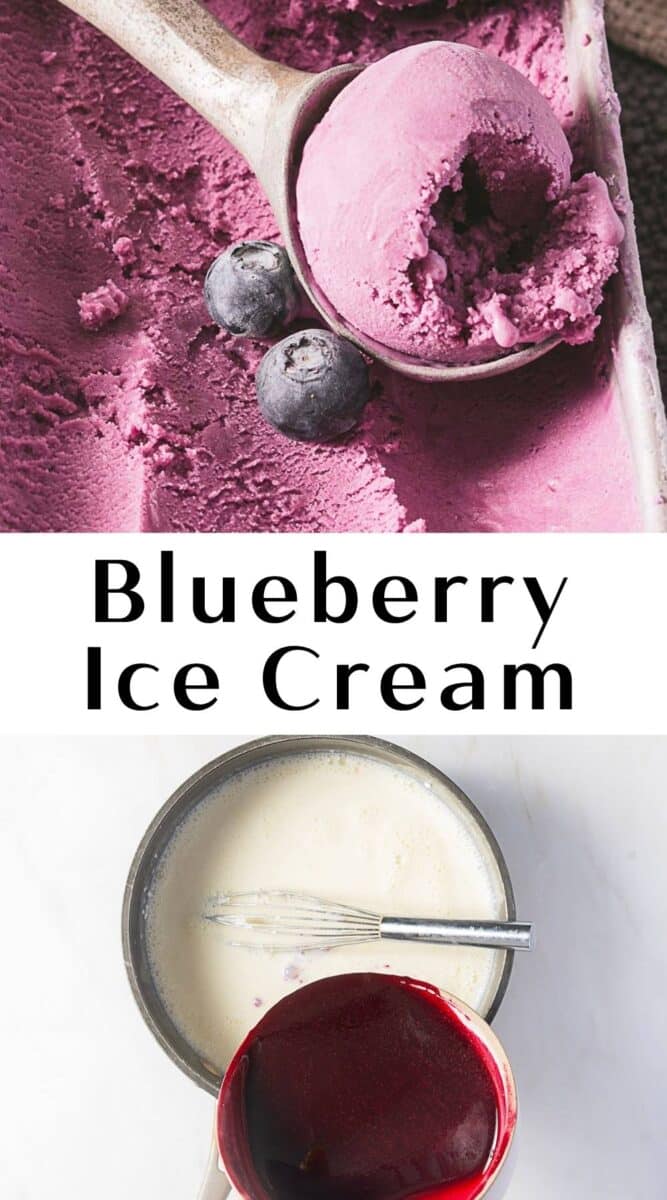 A scoop of no eggs blueberry ice cream with fresh blueberries, and a bowl of cream mixture next to a container of blueberry puree.