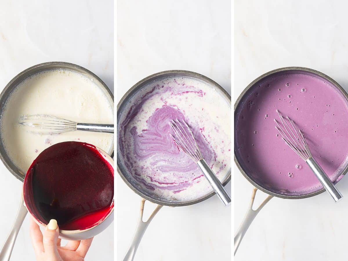 Three images show a saucepan with white mixture, purple liquid being poured in and whisked, and the mixture turning fully purple, with a whisk in each pan.