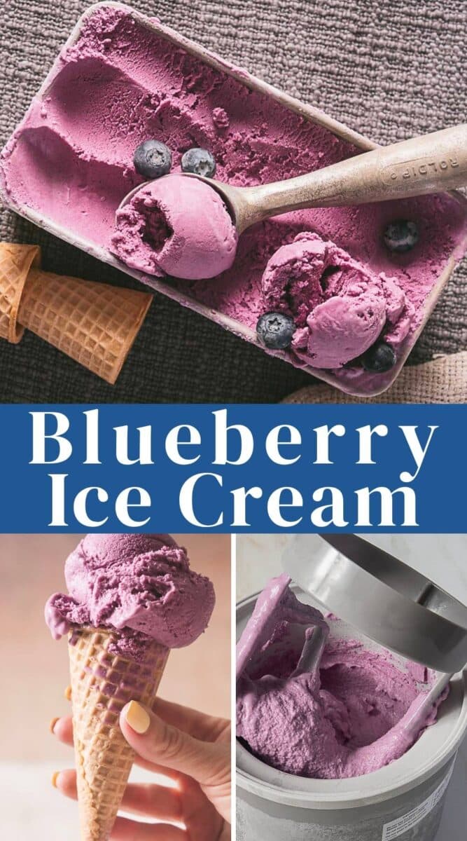 Blueberry ice cream in a container with a scoop and blueberries, an ice cream cone, and a no eggs blueberry ice cream maker are shown in three separate images.