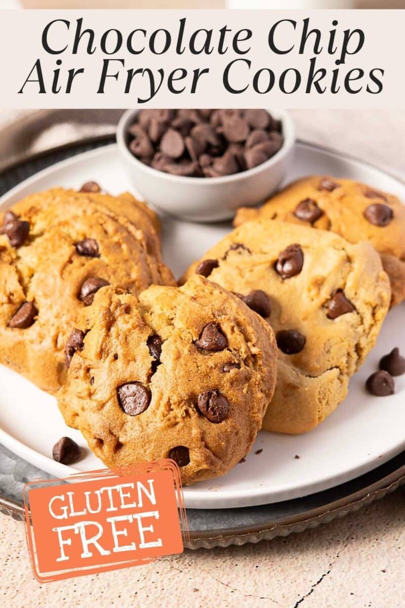 Four chocolate chip cookies on a plate with a small bowl of chocolate chips in the background. A label on the image reads "Gluten Free." Enjoy these delicious Gluten Free Air Fryer Cookies for a quick and easy treat!.