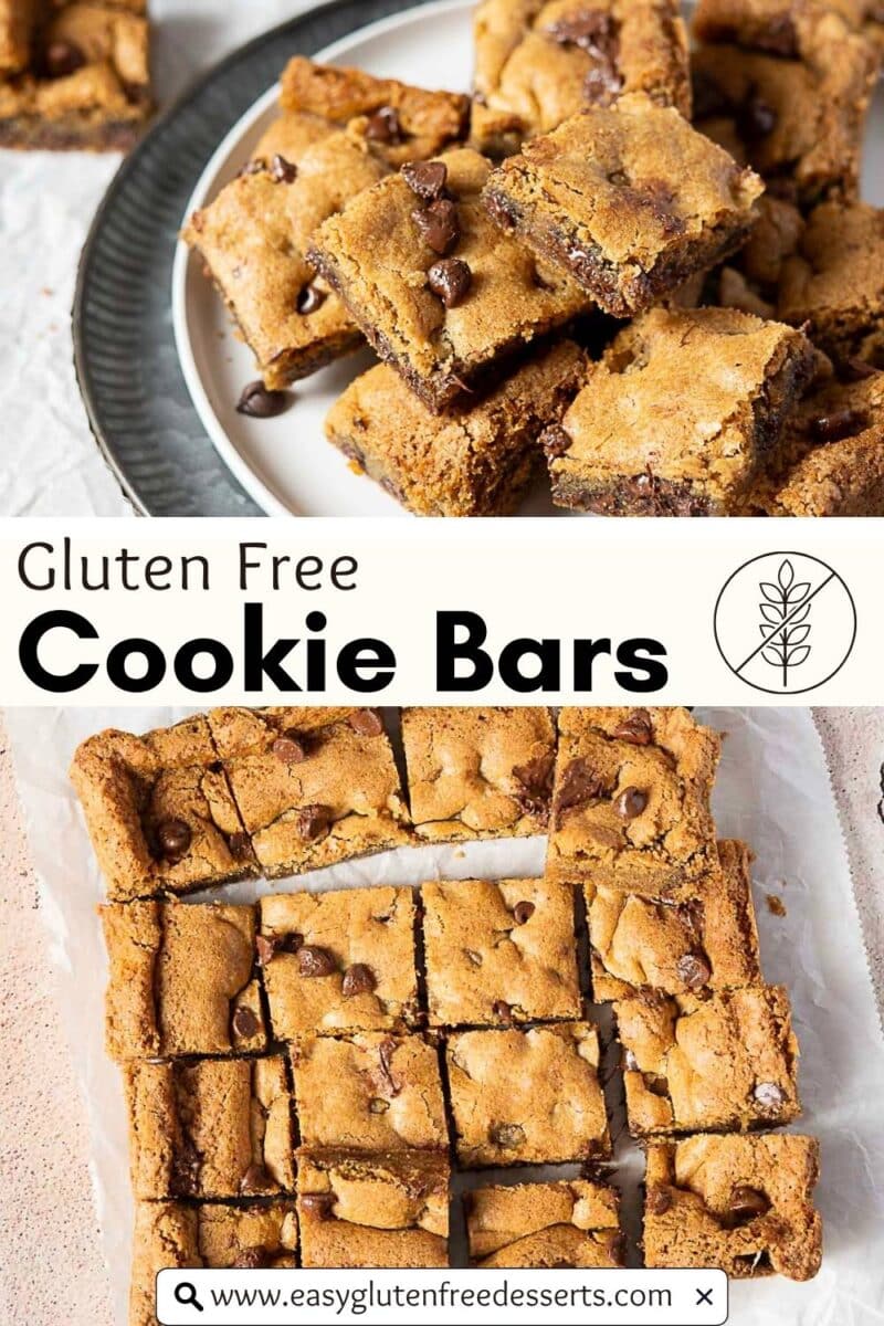 A plate and tray of gluten free chocolate cookie bars cut into squares, labeled "Gluten Free Cookie Bars" with a website link: www.easyglutenfreedesserts.com.