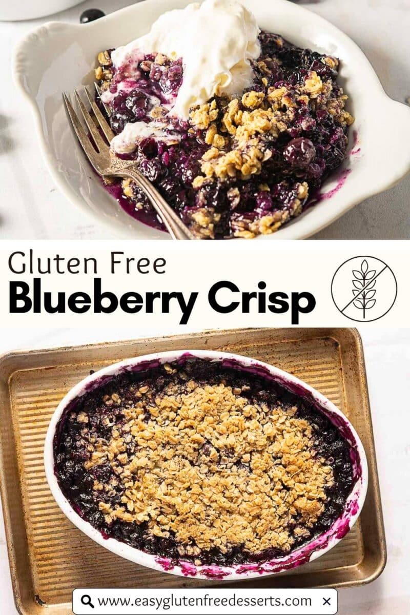 A Gluten Free Blueberry Crisp topped with whipped cream and a fork, pictured above a baking dish filled with more delicious, baked Gluten Free Blueberry Crisp and marked with a gluten free label.