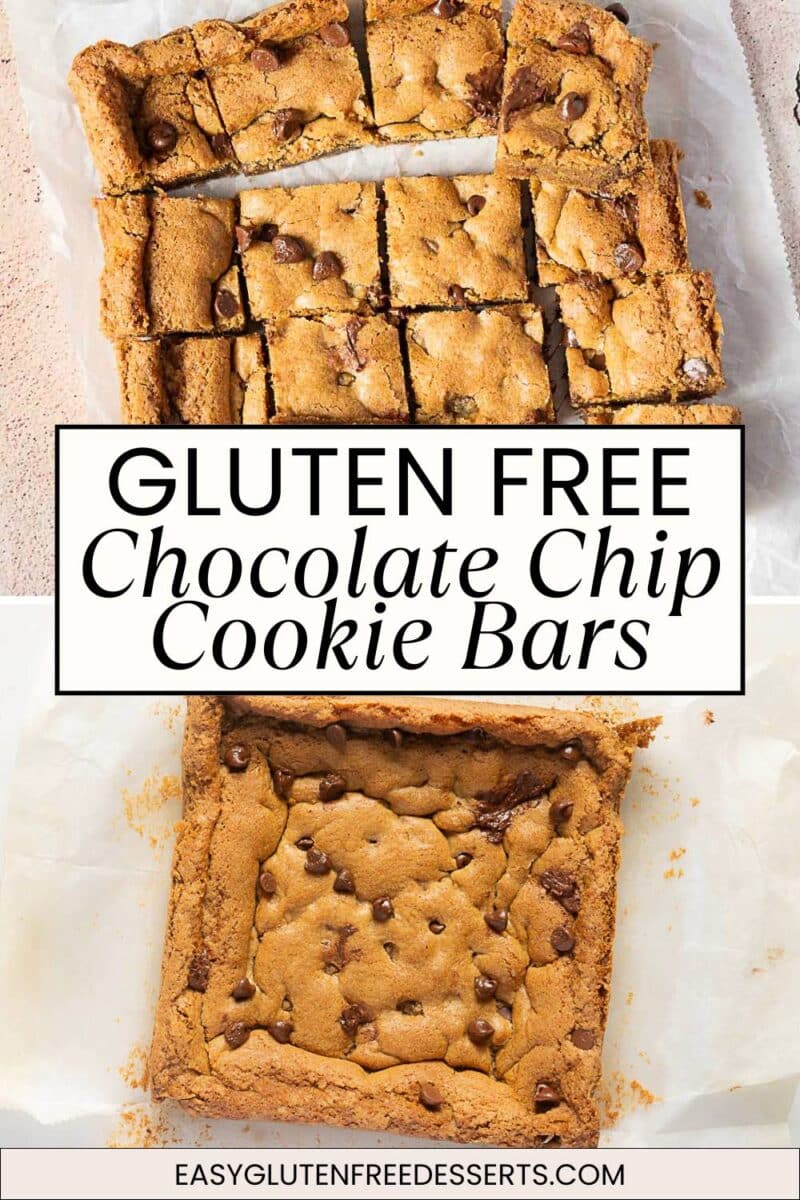 Top-down view of gluten free chocolate cookie bars sliced into squares on parchment