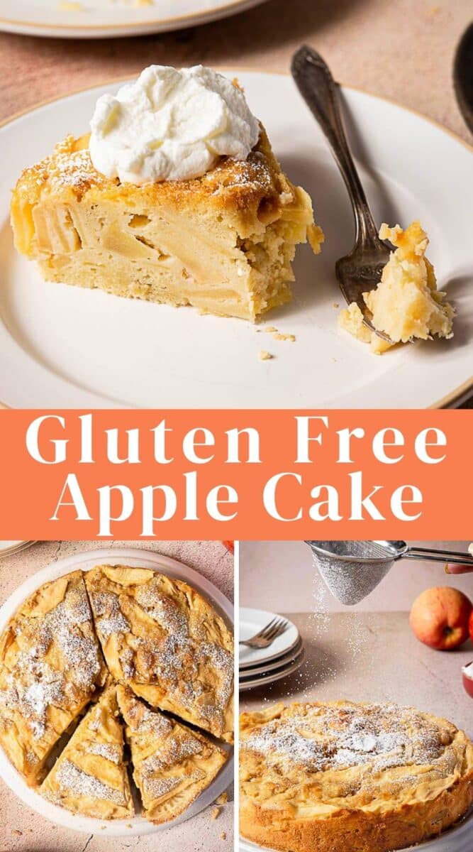 A slice of gluten free apple cake with whipped cream sits on a plate, while the whole gluten free apple cake is cut into slices and dusted with powdered sugar.