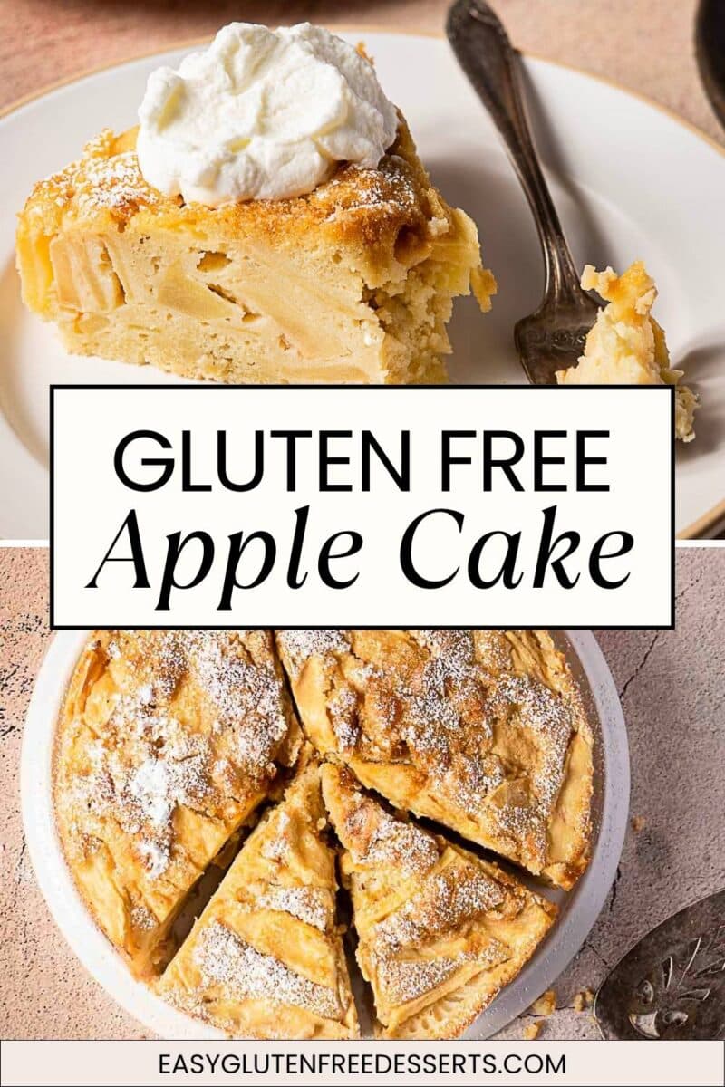 A slice of gluten free apple cake with whipped cream sits on a plate above a whole cake cut into wedges, both sprinkled with powdered sugar.