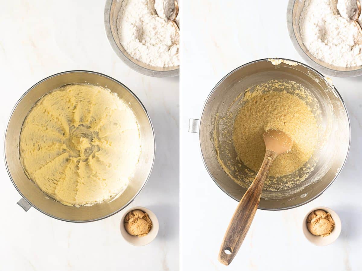 Two images show mixing bowls on a white surface: the left with creamed butter and sugar, the right with combined wet ingredients; flour and brown sugar bowls are nearby.
