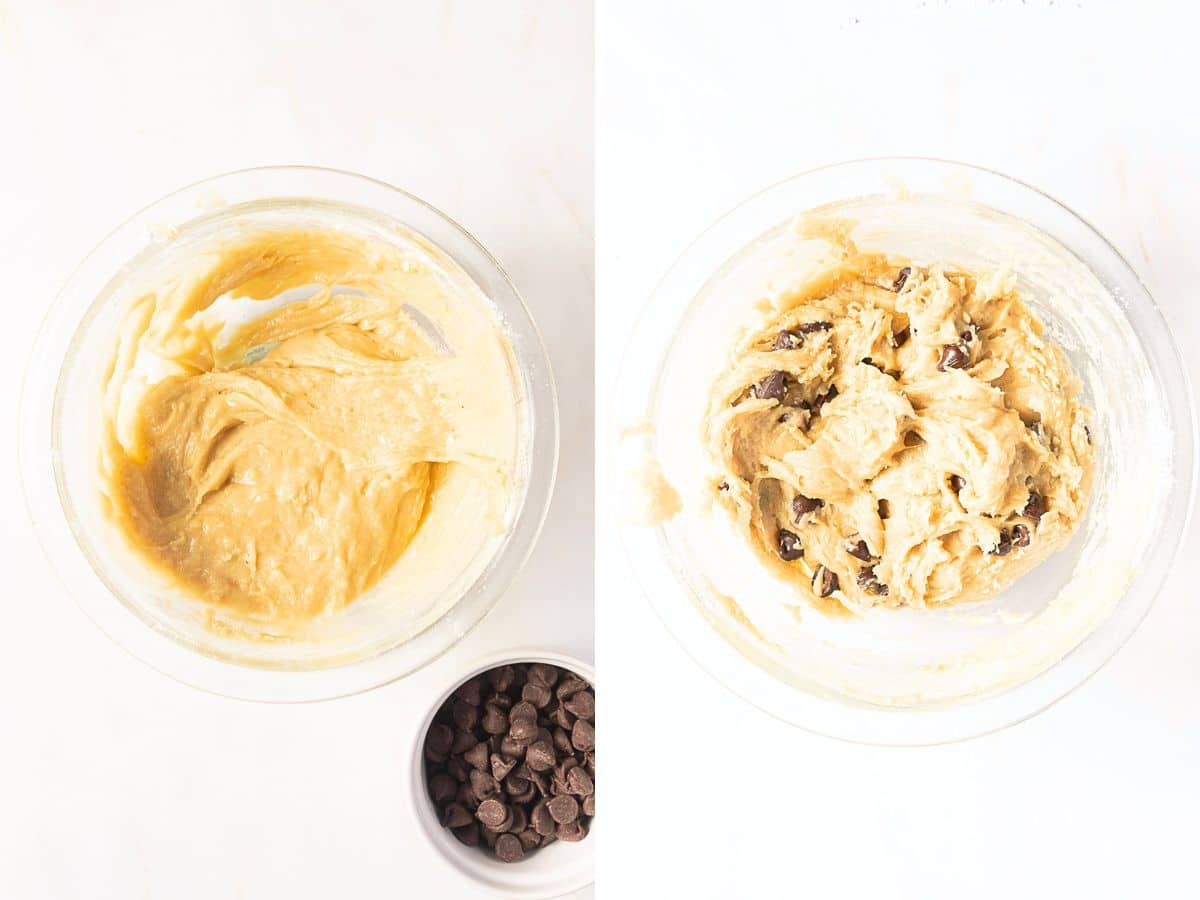 Two glass bowls: one with plain cookie dough, the other with chocolate chips mixed in; a small bowl of chocolate chips beside them on a white surface.