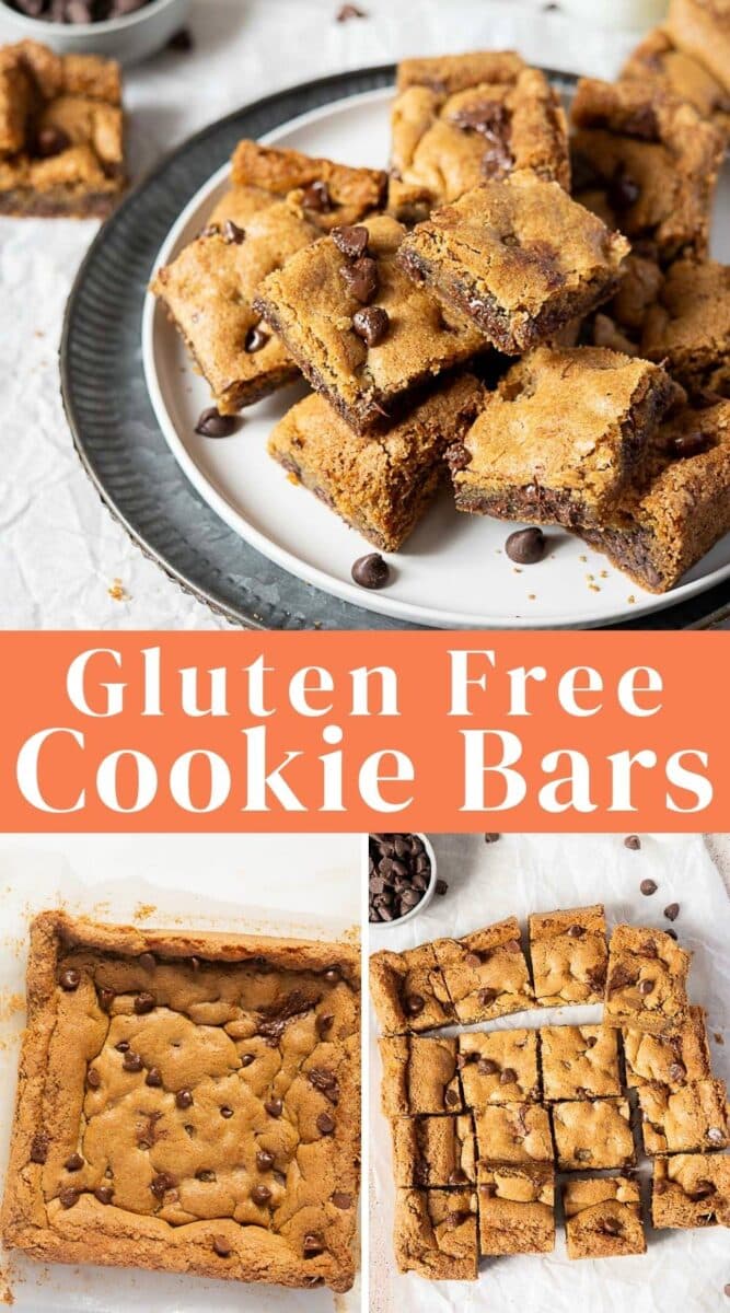 Three images of gluten free chocolate cookie bars: stacked bars on a plate, a pan of baked bars, and bars cut into squares, with the text “Gluten Free Cookie Bars” in the center.