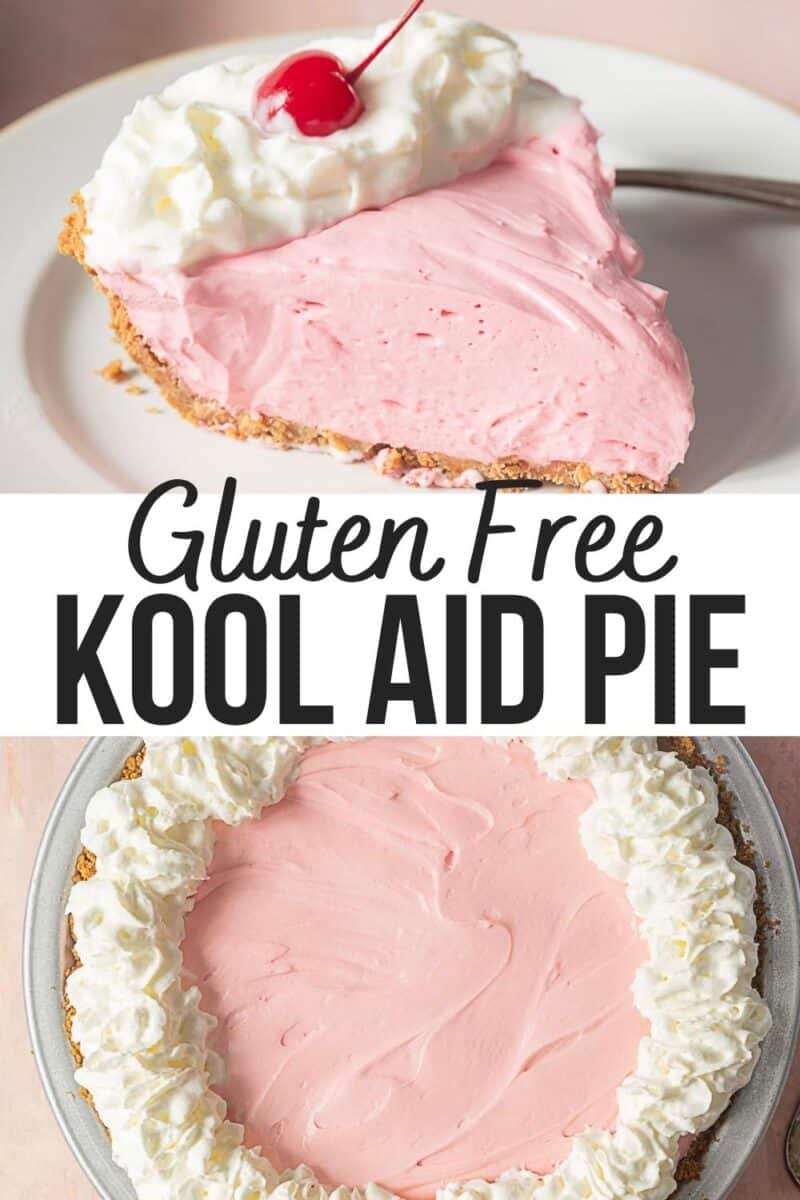 A slice and a whole gluten-free Kool Aid pie with a pink filling and whipped cream garnish; this no bake dessert features a cherry-topped slice for the perfect treat.