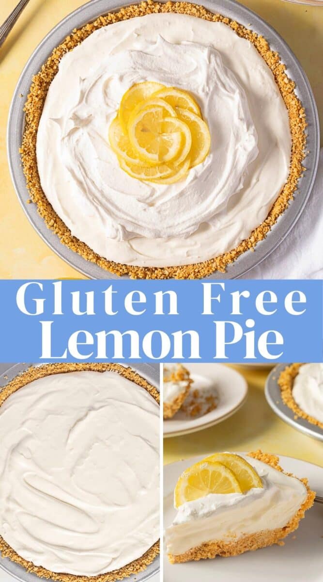 A gluten free lemon pie with a graham cracker crust, whipped topping, and lemon slices on top is shown whole and in slices on plates, highlighting the bright, tangy flavors of this classic dessert.