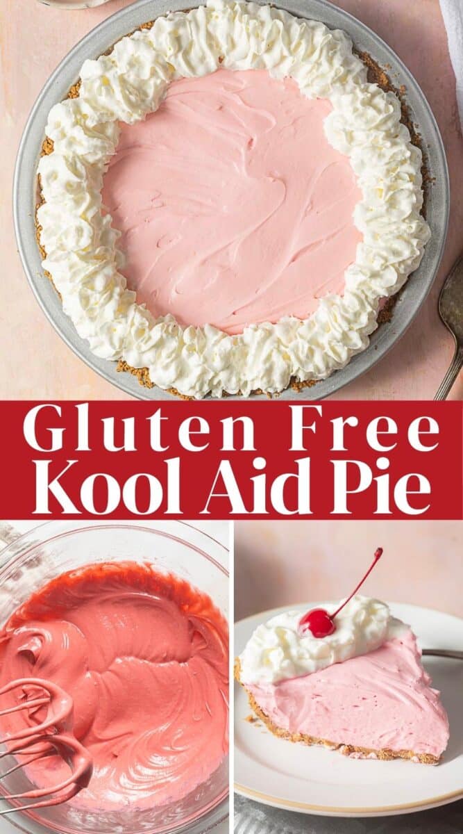 A gluten free dessert, this no bake Kool Aid pie features a whipped cream border, a close-up of the pink filling being mixed, and a slice topped with a cherry on a plate.
