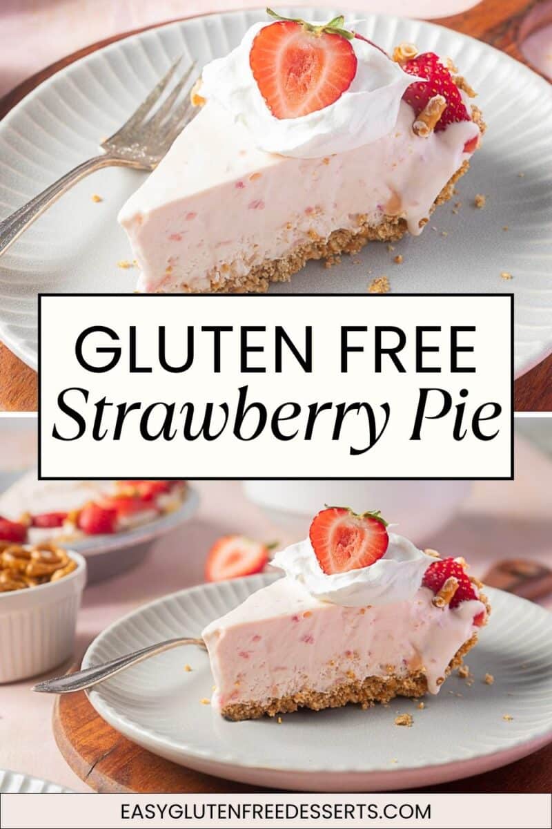 A slice of gluten free strawberry pie with whipped cream and a strawberry half on top, served on a white plate with a fork.