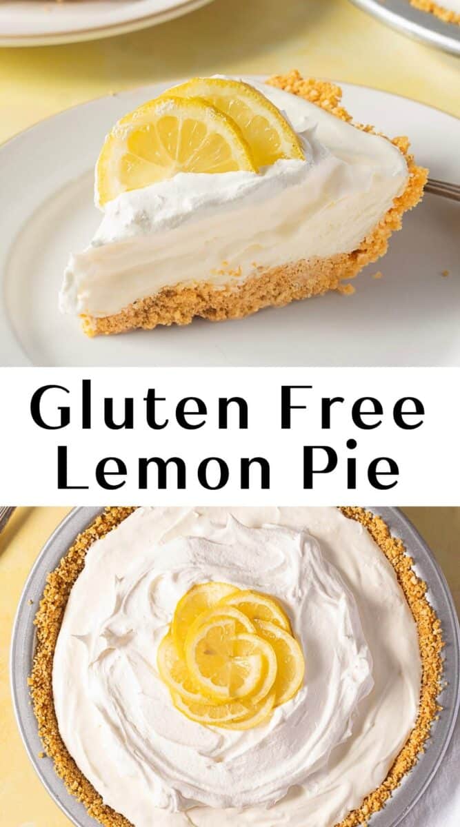 A slice of gluten free lemon pie with whipped topping and lemon slices on a plate, beside a whole gluten free lemon pie with similar topping and garnish.