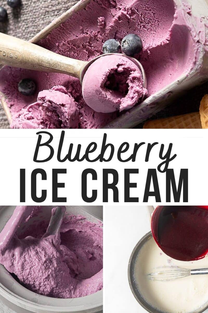 Three images show no eggs blueberry ice cream: a scoop in a container with blueberries, mixing in a machine, and pouring blueberry mixture into cream. Text reads "Blueberry Ice Cream.