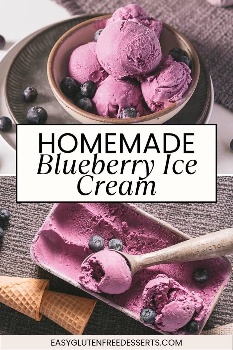 Two bowls of homemade no eggs blueberry ice cream with fresh blueberries, a waffle cone, and a wooden spoon on a textured surface. Text overlay reads: "Homemade Blueberry Ice Cream.