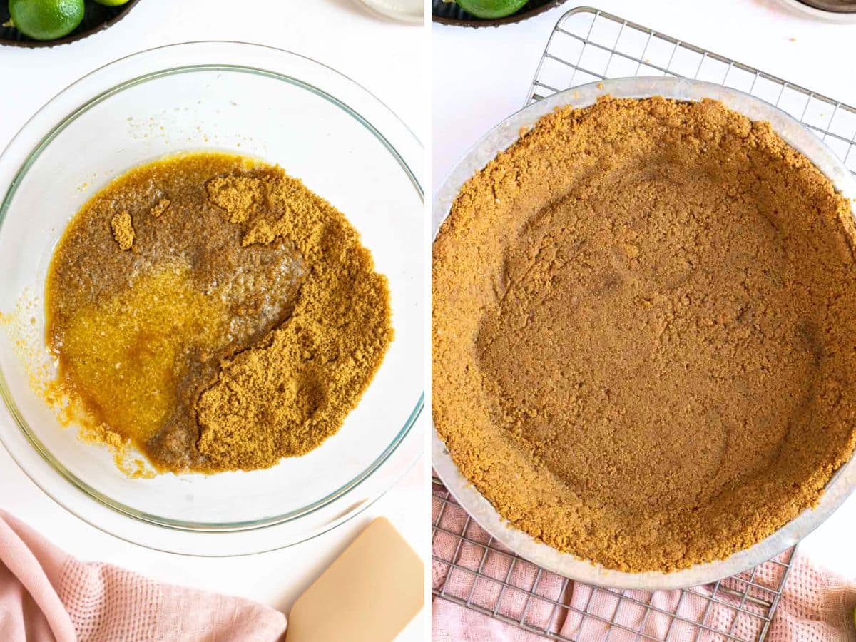 Side-by-side images showing graham cracker crumbs being mixed with melted butter in a bowl on the left, and a pressed graham cracker crust in a pie pan on the right.