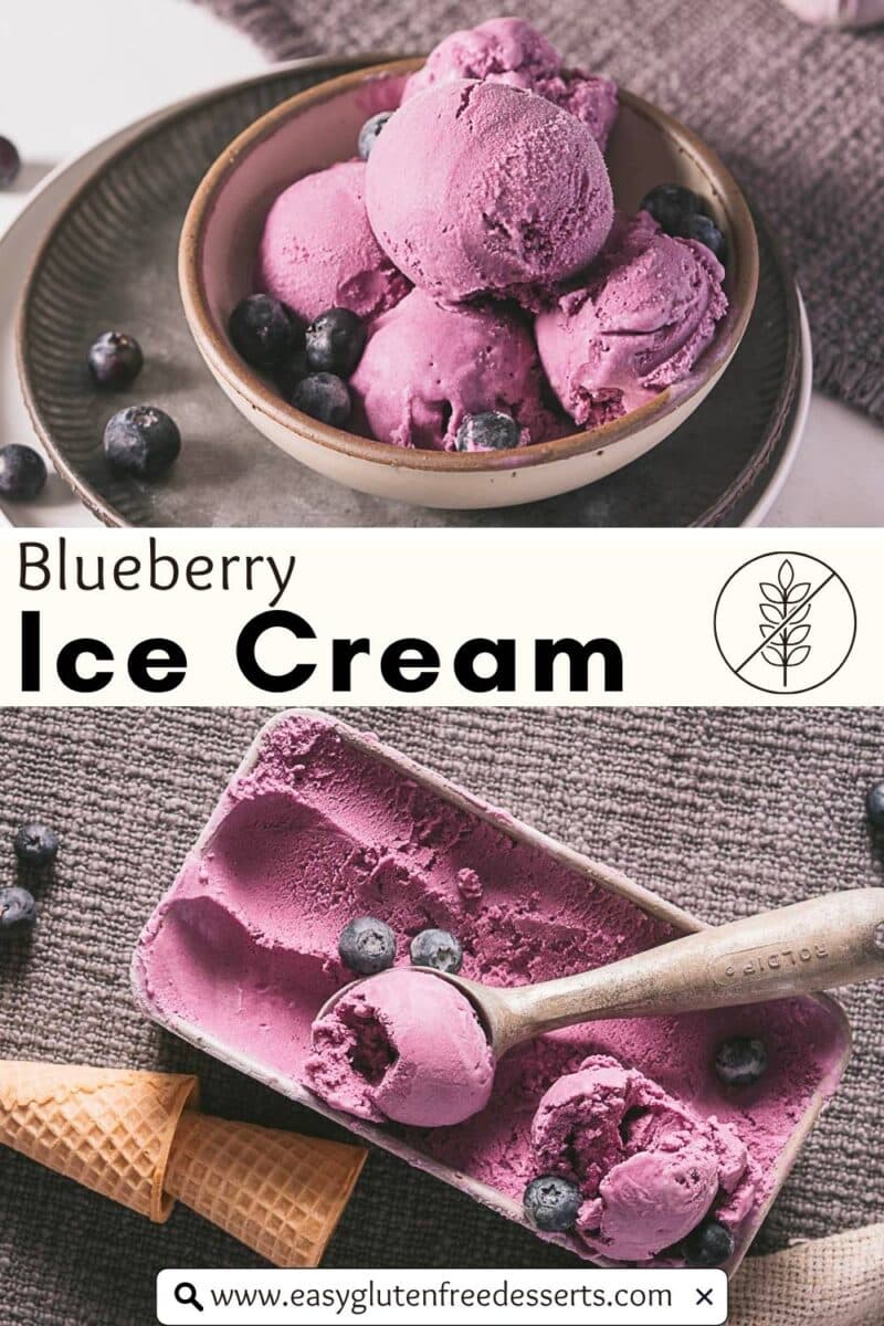 Two images of no eggs blueberry ice cream: one features scoops in a bowl with fresh blueberries, the other displays a rectangular container with a scoop, more blueberries, and an ice cream cone.