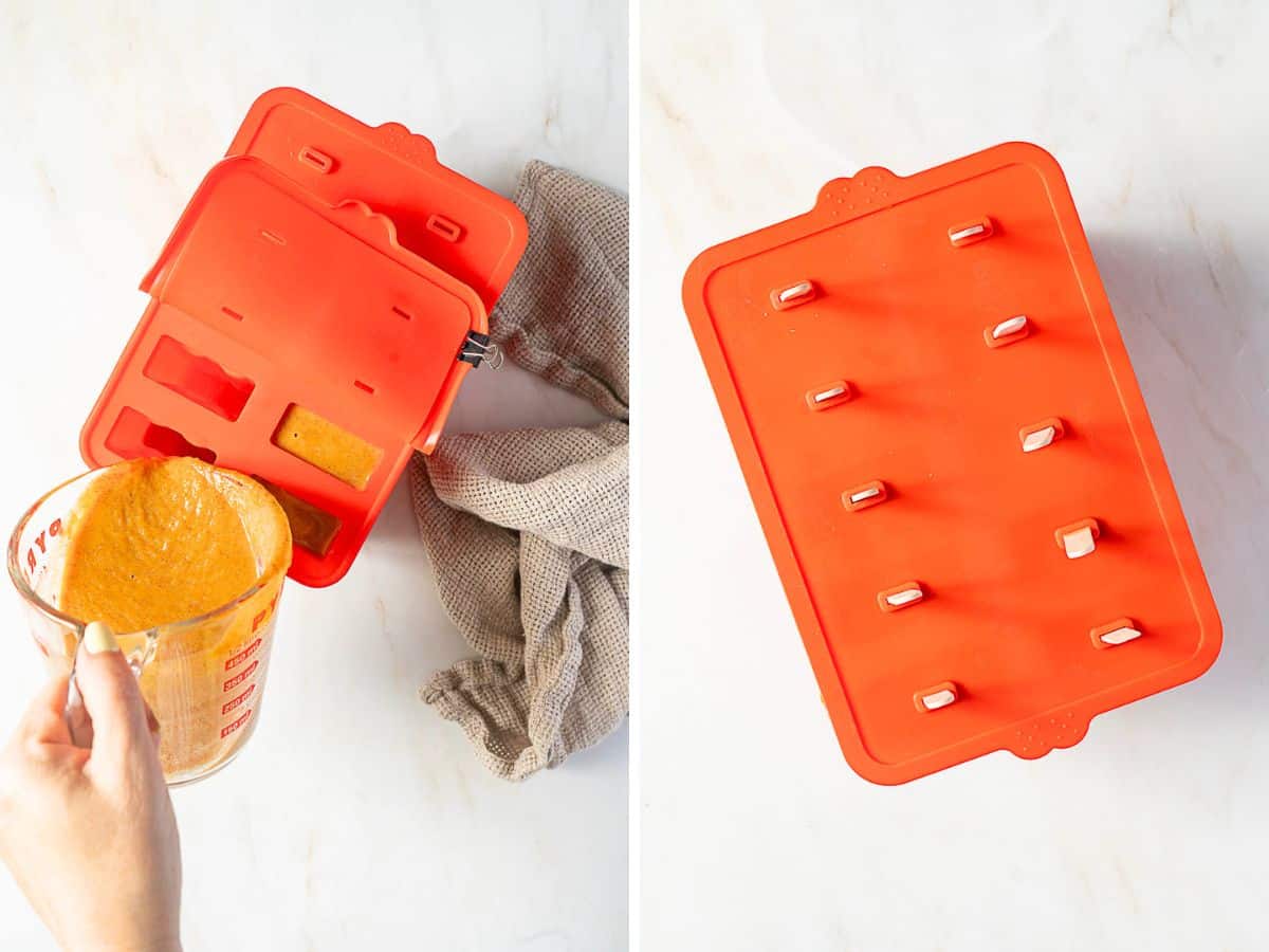 Two images: left shows someone pouring orange liquid into a red silicone popsicle mold; right shows the closed mold with sticks inserted, viewed from above.