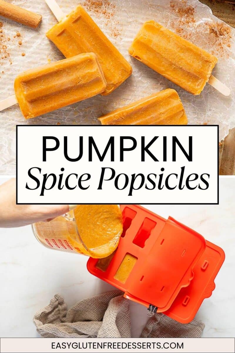 Pumpkin popsicles on parchment paper above a hand pouring pumpkin mixture into molds