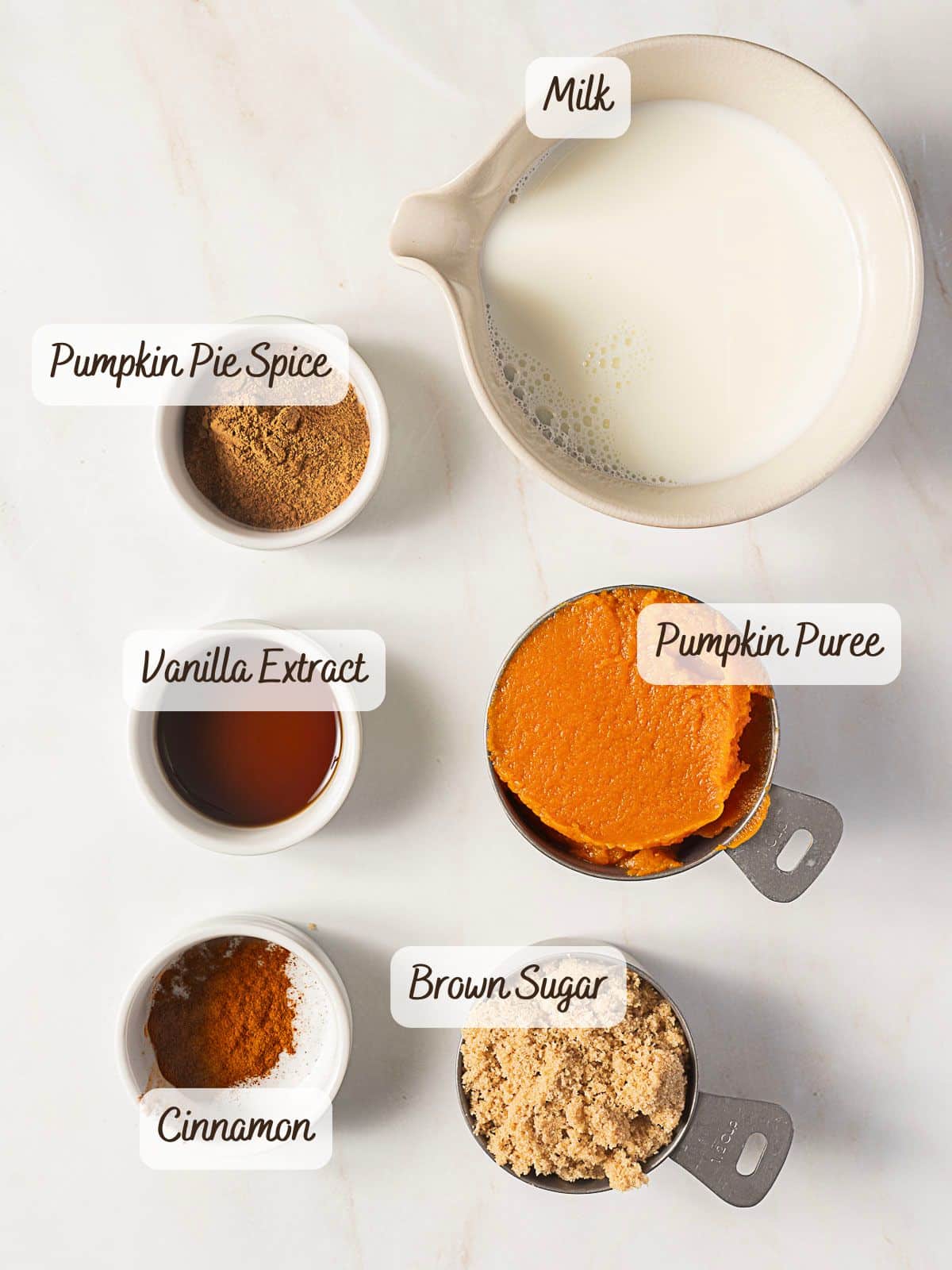 Ingredients for pumpkin popsicles arranged on a white surface: milk, pumpkin puree, brown sugar, cinnamon, vanilla extract, and pumpkin pie spice in separate containers.