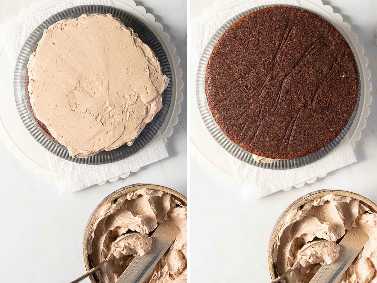 A two-panel image shows a chocolate cake being assembled: one side has frosting spread on a cake layer, the other side shows a second cake layer ready to be placed on top.