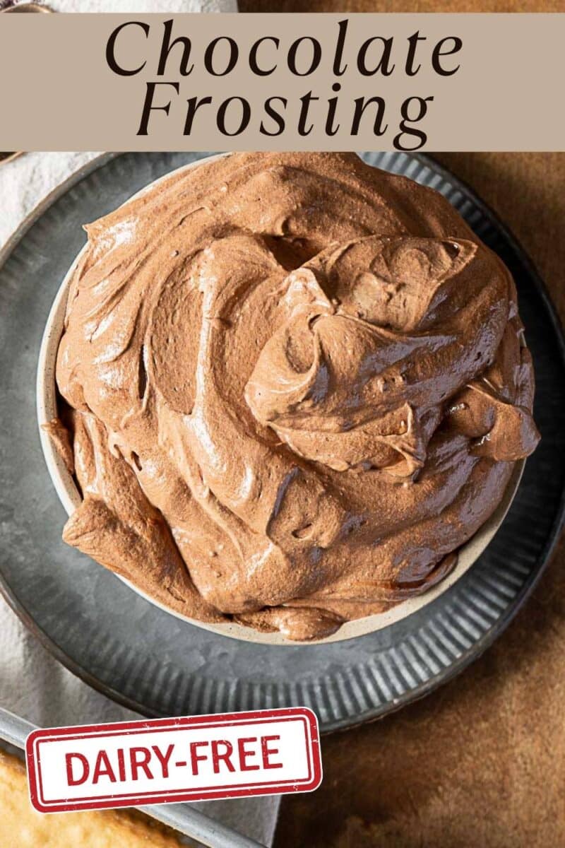 A bowl of dairy free chocolate frosting sits on a plate