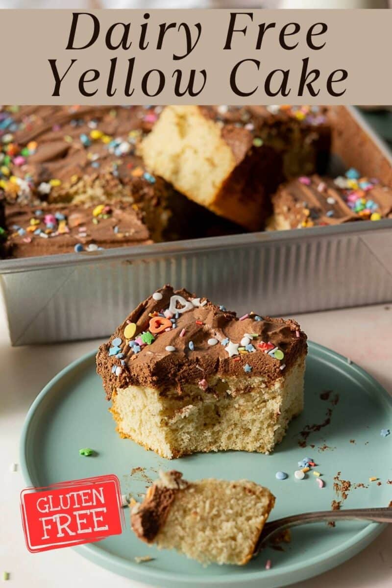 A slice of gluten free yellow cake with chocolate frosting and sprinkles sits on a plate; the cake pan and a “gluten free” label are visible in the background.