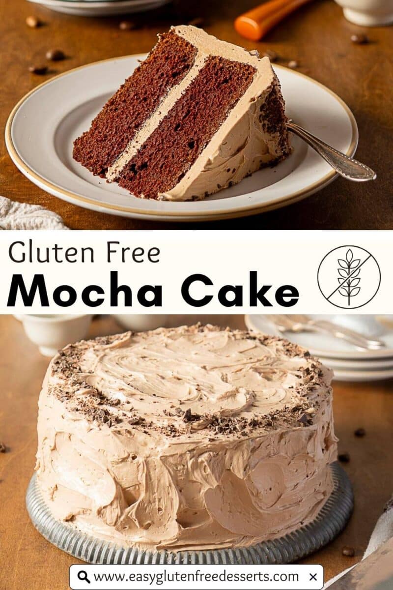 A slice and whole gluten free mocha cake with chocolate frosting displayed on plates, alongside a fork and coffee beans. Discover more at easyglutenfreedesserts.com.