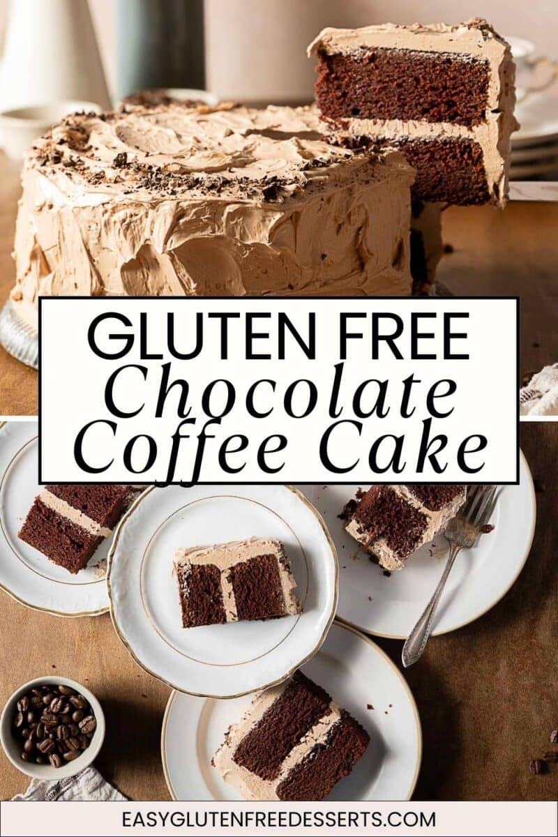 A sliced gluten free mocha cake with light brown frosting sits on a wooden surface, shown both whole and in plated pieces. Text reads "Gluten Free Chocolate Coffee Cake.