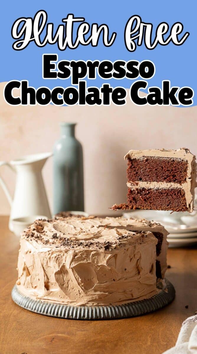 A gluten free mocha cake with light brown frosting is displayed on a plate, with a slice cut and shown in the background.