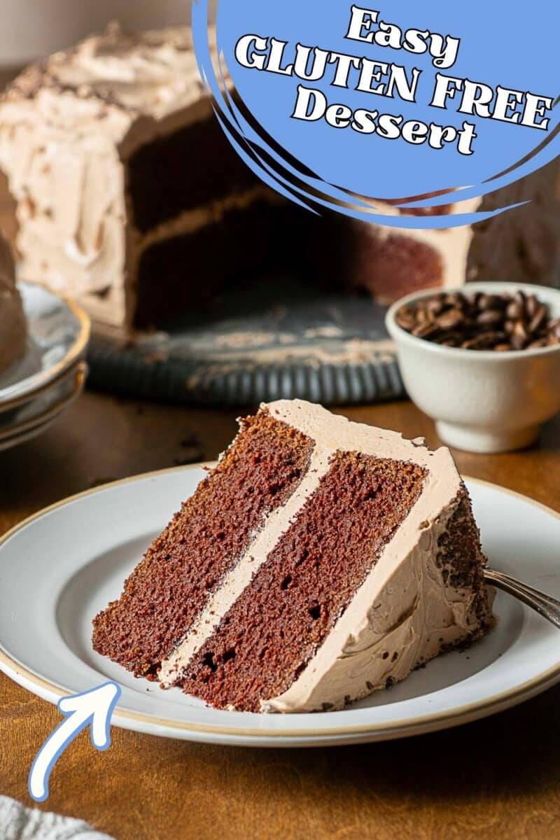 A slice of gluten free mocha cake with light frosting on a plate, the rest of the cake and a small bowl of coffee beans in the background.