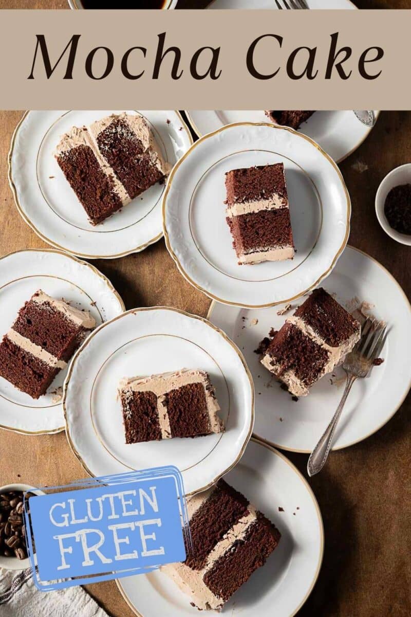 Several plates with slices of gluten free mocha cake rest on a brown surface, labeled “Mocha Cake” at the top and “Gluten Free” at the bottom.