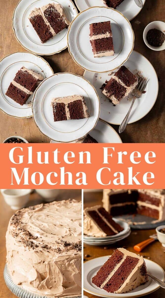 Multiple slices of gluten free mocha cake are served on plates, with a whole frosted cake and extra slices displayed below the text "Gluten Free Mocha Cake.
