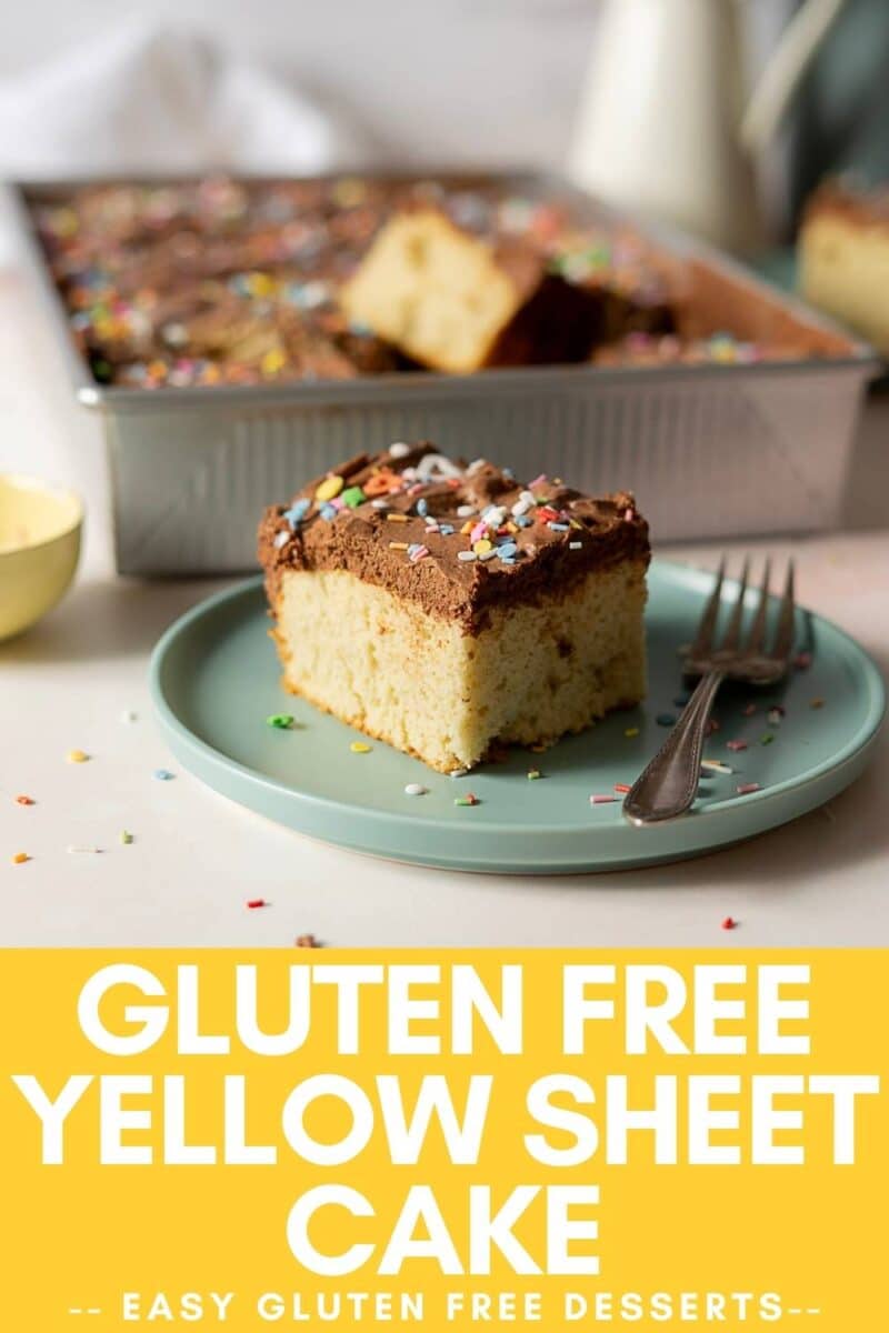A slice of gluten free yellow cake with chocolate frosting and sprinkles sits on a plate with a fork; the rest of the cake can be seen in the pan in the background.