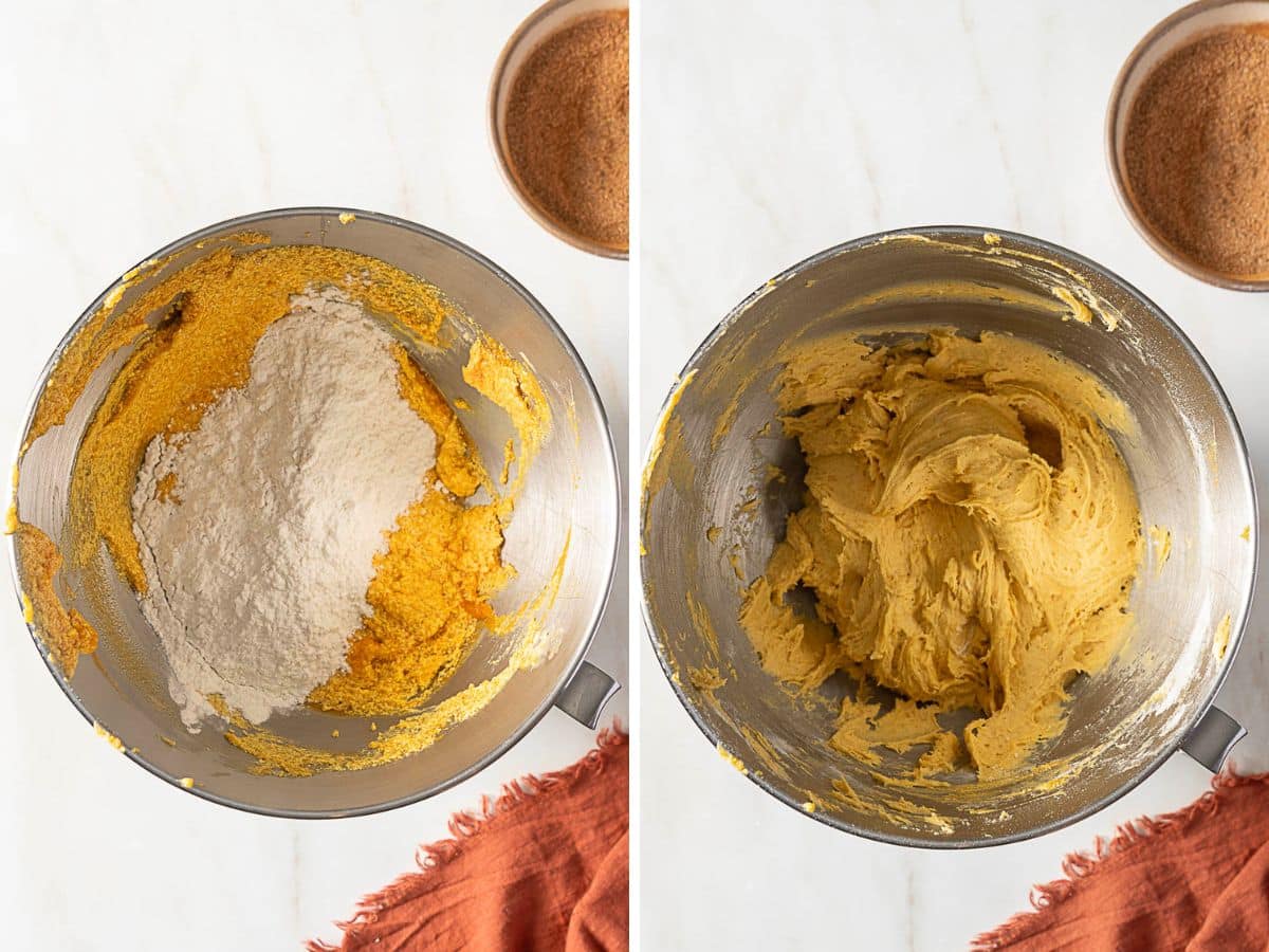 Side-by-side images of a metal mixing bowl, first with flour on top of a yellow batter, then with the flour mixed in. A bowl of brown sugar and an orange cloth are nearby.