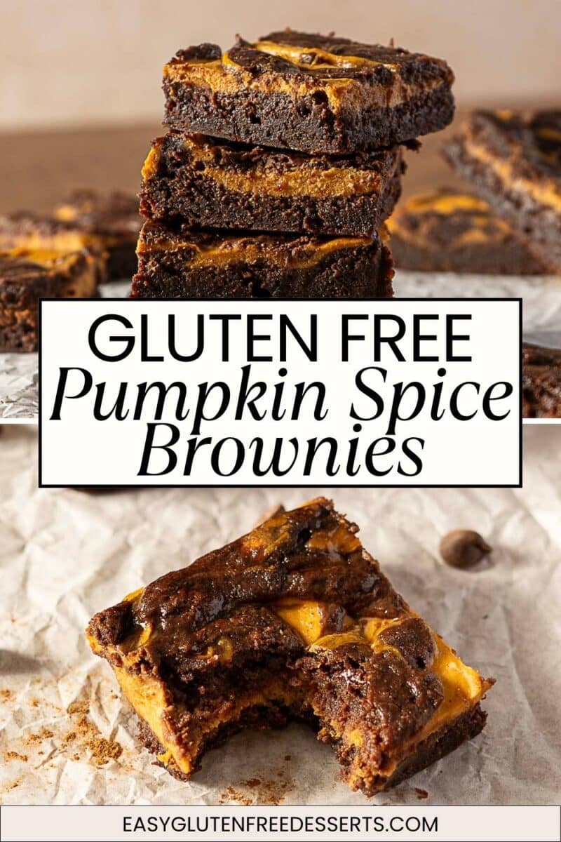 Stacked and single gluten free pumpkin brownies with a marbled orange and chocolate appearance, displayed on parchment paper. Text reads: "Gluten Free Pumpkin Spice Brownies.