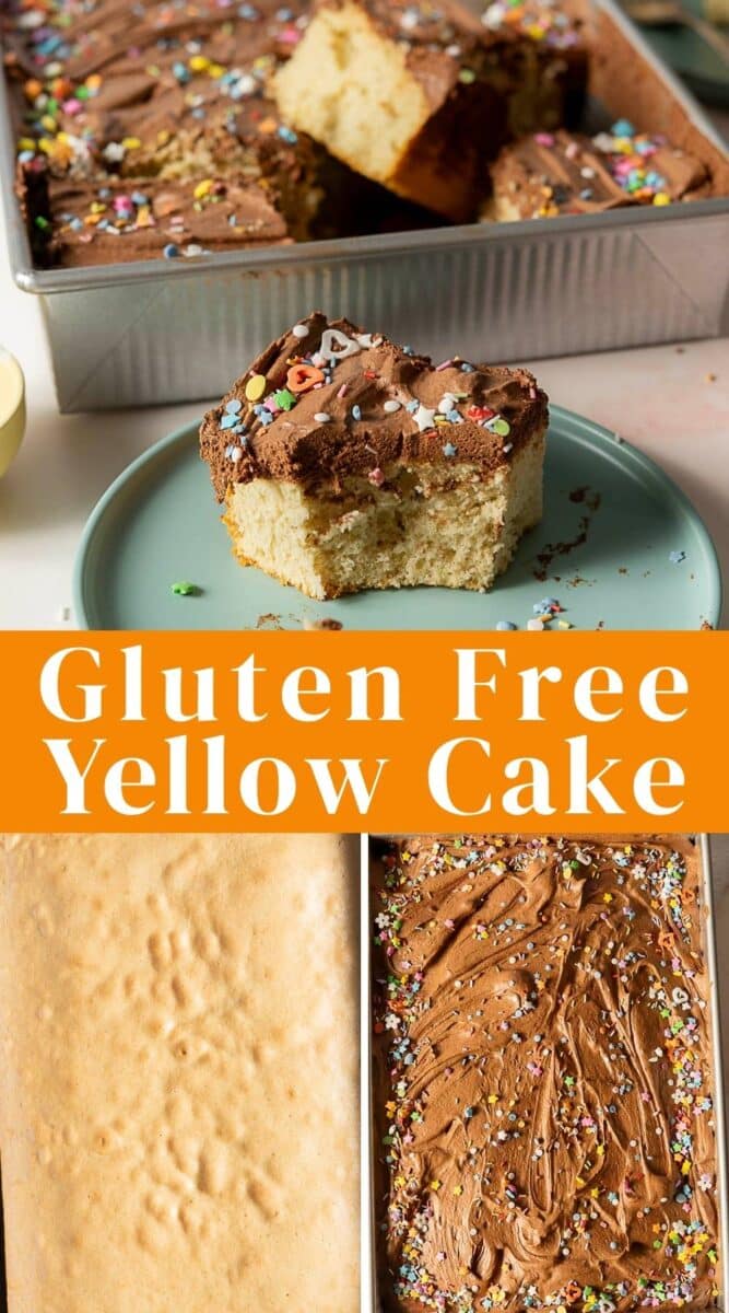 A slice of gluten free yellow cake with chocolate frosting and sprinkles sits on a plate, with the rest of the gluten free yellow cake in a pan behind it. Text overlay reads "Gluten Free Yellow Cake.