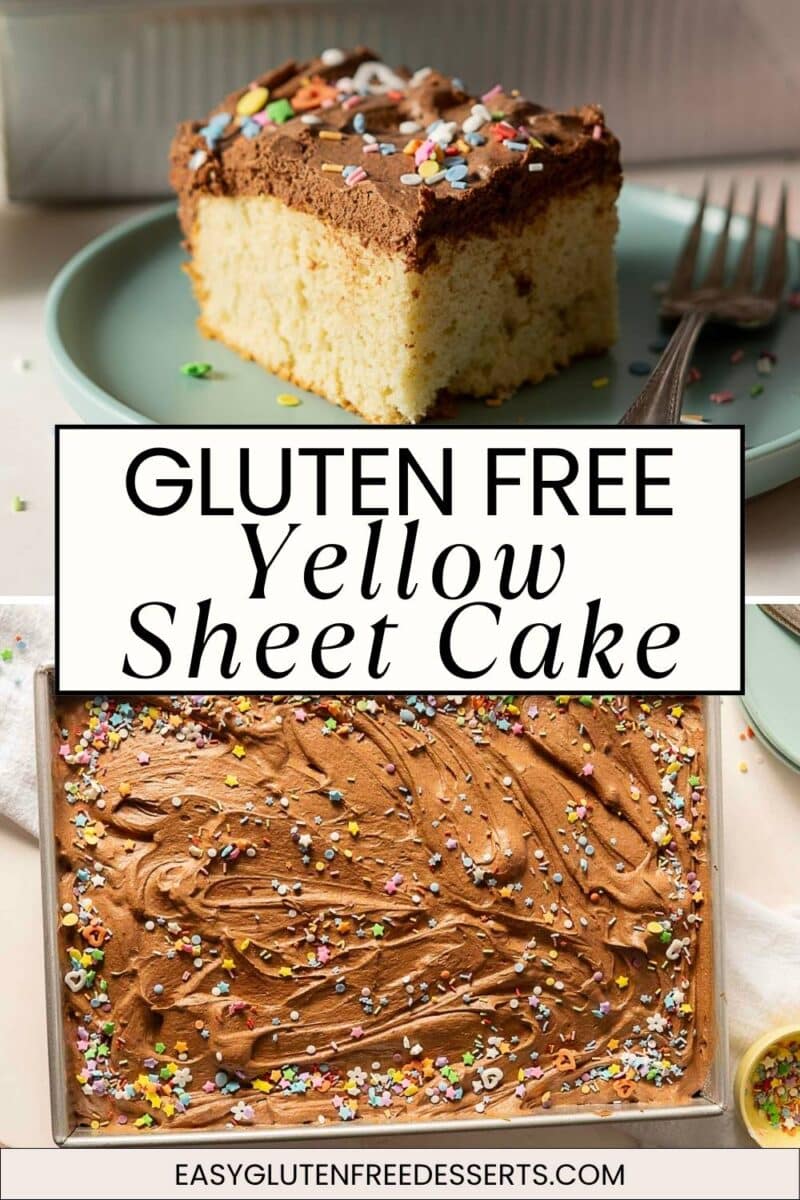 A gluten free yellow cake topped with chocolate frosting and colorful sprinkles, shown whole and as a single served slice on a plate with a fork.