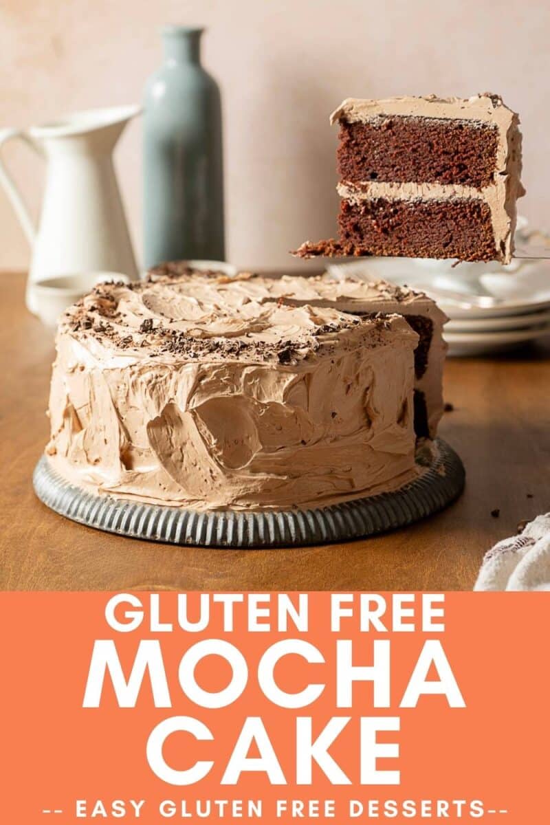 A gluten free mocha cake with chocolate frosting is displayed on a table, with a slice shown on a plate in the background.