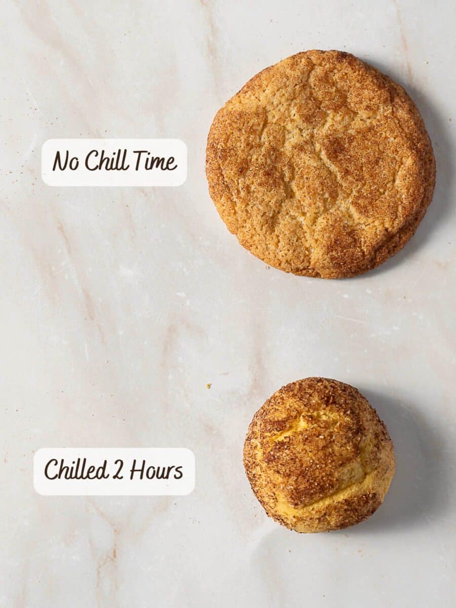 Two snickerdoodle cookies on a light surface; the larger one is labeled "No Chill Time," and the smaller, rounder one is labeled "Chilled 2 Hours.